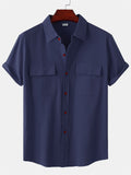 themeisles Summer New Men's Linen Short-sleeved Shirt Men's Square Collar Casual Cotton Linen Shirt Hemp Material Pure Color Half-sleeved Blouse