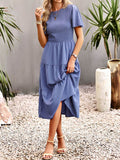 themeisles Solid Color Elastics Short Sleeves Loose Round-neck Midi Dresses