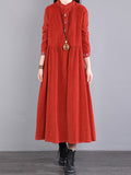themeisles Vintage Corduroy Long Sleeves A-Line Embroidered Solid Round-Neck Midi Dresses