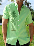 themeisles Summer Short-sleeved Large Yards Coconut Tree Pattern Printed Shirt Men's Casual Tops Shirt Green White