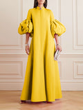 themeisles Loose Flower Shape Solid Color Stand Collar Lantern Sleeves Maxi Dresses