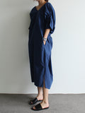 themeisles Casual Half Sleeves Loose Pleated Solid Color V-Neck Midi Dresses