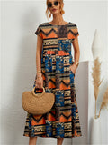 themeisles Summer Fashion Flora Ladies Round Neck Loose Cotton Linen Sleeveless Round Neck Print Dress A Dress