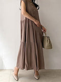 themeisles Tiered Split-Joint Solid Color Ruffled Pleated Buttoned Sleeveless Loose Stand Collar Midi Dresses
