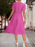 themeisles Split-Joint Solid Color Pleated Knot Elasticity Short Sleeves Puff Sleeves V-neck Midi Dresses