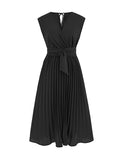 themeisles Tied Waist Solid Color Pleated Sleeveless V-Neck Midi Dresses