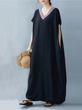 themeisles Casual Artistic Retro Striped V-Neck Short Sleeves Maxi Dress