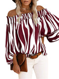 themeisles Summer and Autumn Personality New Stripes Sexy Fashion A Shoulder Set Head Chiffon Shirt Regular Sleeves Commuter Style Long-sleeved Shirt Female