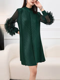 themeisles Solid Color Pleated Embroidered Loose Long Sleeves Round-neck Midi Dresses