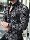 themeisles Autumn New Men's Shirts Muscle Men Lapel Cardigan Printed Shirt Slim Type Fashion Long-sleeved Men's Clothing