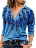 themeisles Vintage Print V Lapel Long-sleeved Women's T-shirt Tops