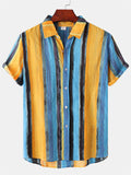 themeisles Summer Hawaii Men's Cardigan Cotton Linen Men's Shirt Striped Printed Lapel Short Sleeve Loose Type Shirt