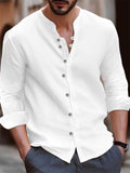 themeisles Autumn and Winter Solid Color New Slim Type Men's Retro Cotton and Linen Casual Loose Stand-up Collar Long-sleeved Shirt