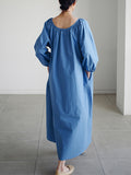 themeisles Original Casual Loose Solid Color Pleated Puff Sleeves Midi Dress