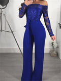 themeisles Women's Sexy  Blue Black Wine Jumpsuit Floral Tulle Chiffon Lace / Wide Leg