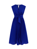 themeisles Tied Waist Solid Color Pleated Sleeveless V-Neck Midi Dresses