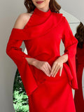 themeisles Flared Sleeves Asymmetric Buttoned Hollow Solid Color Zipper Cold Shoulder Evening Dresses Maxi Dresses