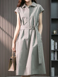 themeisles Solid Color Bandage Short Sleeves Plus Size Lapel Midi Dresses