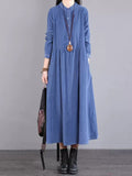 themeisles Vintage Corduroy Long Sleeves A-Line Embroidered Solid Round-Neck Midi Dresses