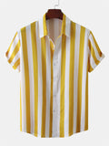 themeisles Summer Hot Sale Men's Printed Striped Short-sleeved Lapel Hong Kong Style Personality Loose Casual Shirt