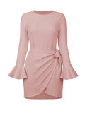 themeisles Simple Long Sleeves Skinny Tied Falbala Solid Color Round-Neck Mini Dresses