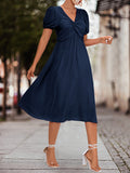 themeisles Split-Joint Solid Color Pleated Knot Elasticity Short Sleeves Puff Sleeves V-neck Midi Dresses