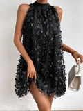 themeisles Split-Joint Solid Color Pleated Jacquard Sleeveless Loose Stand Collar Mini Dresses