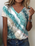 themeisles 3D Digital Printing V-neck Casual Short-sleeved Female T-shirt Women's Faux Cotton