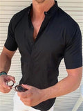 themeisles Men's Shirt Button Up Shirt Summer Shirt Casual Shirt Hot Pink Black White Pink Red Short Sleeve Plain Stand Collar Outdoor Street Button-Down Clothing Apparel Fashion Casual Breathable Comfortable