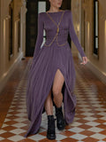 themeisles Long Sleeves Backless No Body Chain Pleated Solid Color Tied Waist Maxi Dresses