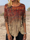 themeisles Women's T shirt Tee Tunic Maroon Green Blue Graphic Print Long Sleeve Holiday Weekend Vintage Ethnic Round Neck Regular Painting