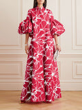 themeisles Loose Flower Shape Solid Color Stand Collar Lantern Sleeves Maxi Dresses