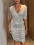 themeisles Sequin Surplice Slit Mini Dress