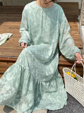 themeisles Tied Waist Split-Joint Solid Color Pleated Flower Print Puff Sleeves Loose Round-Neck Maxi Dresses