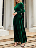 themeisles Zipper Solid Color Pleated Belted Wrap Long Sleeves Round-Neck Maxi Dresses