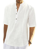 themeisles Men's Comfortable Casual Linen Shirt Medium Sleeve Men's Solid Color Tops S M L XL 2XL