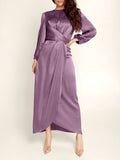 themeisles Zipper Tied Waist Solid Color High-Waisted Wrap Round-neck Maxi Dresses