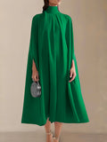 themeisles Simple Batwing Sleeves Lace-Up Solid Color High-Neck Midi Dresses
