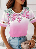 themeisles Spring and Summer Lace Patchwork Floral Print Short-sleeved Round Neck T-shirt Loose Type Comfortable Casual Female Tops