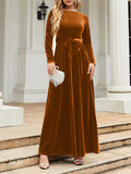 themeisles Zipper Solid Color Pleated Belted Wrap Long Sleeves Round-Neck Maxi Dresses