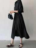 themeisles Casual A-Line Long Sleeves Bandage Solid Color Lapel Collar Shirt Midi Dresses