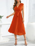 themeisles Tied Waist Solid Color Pleated Sleeveless V-Neck Midi Dresses