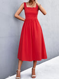 themeisles Split-Joint Solid Color Pleated Sleeveless High Waisted U-Neck Midi Dresses