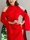 themeisles Flared Sleeves Asymmetric Buttoned Hollow Solid Color Zipper Cold Shoulder Evening Dresses Maxi Dresses