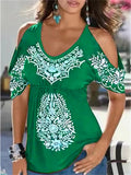themeisles Summer Loose V-neck Pleated Print Strapless Women's Short-sleeved T-shirt