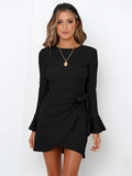 themeisles Simple Long Sleeves Skinny Tied Falbala Solid Color Round-Neck Mini Dresses