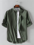 themeisles Summer Models Stand Collar Cotton Linen Medium-sleeved Shirt Trend Men Linen Loose Seven-point Sleeve Large Yards Solid Color Shirt Men