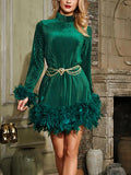 themeisles Velvet Solid Color Feathers Chains Long Sleeves A-Line Stand Collar Mini Dresses
