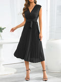 themeisles Tied Waist Solid Color Pleated Sleeveless V-Neck Midi Dresses
