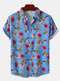 themeisles New Men's Casual Floral Print Fashion Urban Lapel Short-sleeved Loose Type Beach Vacation Cardigan Shirt Man